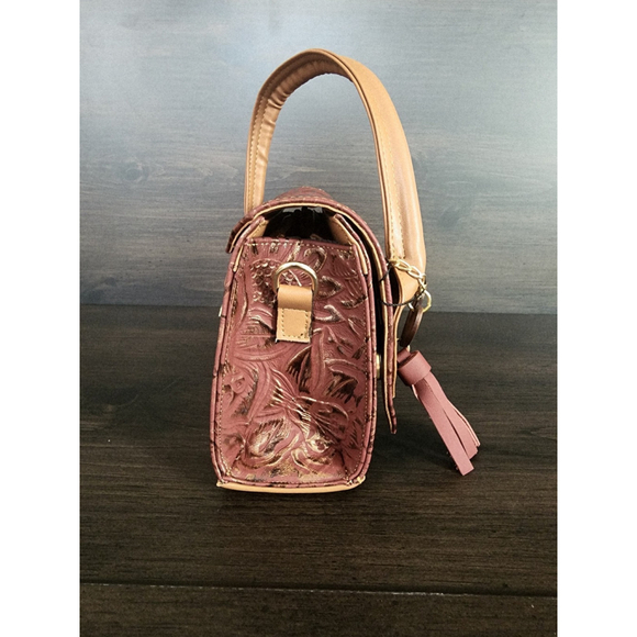 Red Wine Gold Sunflower Embossed Tooled Artisan LEATHER Crossbody bag Purse - Picture 7 of 15